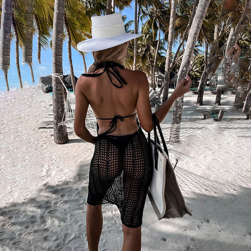2024 tavaszi és nyári új európai és amerikai pántos kötött üreges strandruha, hát nélküli szexi ruha, egylépcsős ruha, blúz, női