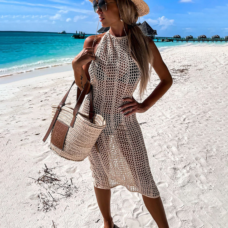 2024 tavaszi és nyári új európai és amerikai pántos kötött üreges strandruha, hát nélküli szexi ruha, egylépcsős ruha, blúz, női
