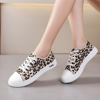 Sieviešu lielizmēra leoparda raksta audekla apavi 2025. gada pavasarim, jauni, plāni, ikdienas, plakani, auduma apavi ar šņorēm, studentu apavi