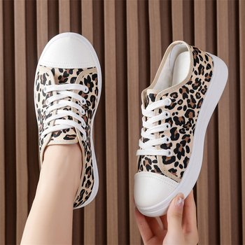 Sieviešu lielizmēra leoparda raksta audekla apavi 2025. gada pavasarim, jauni, plāni, ikdienas, plakani, auduma apavi ar šņorēm, studentu apavi