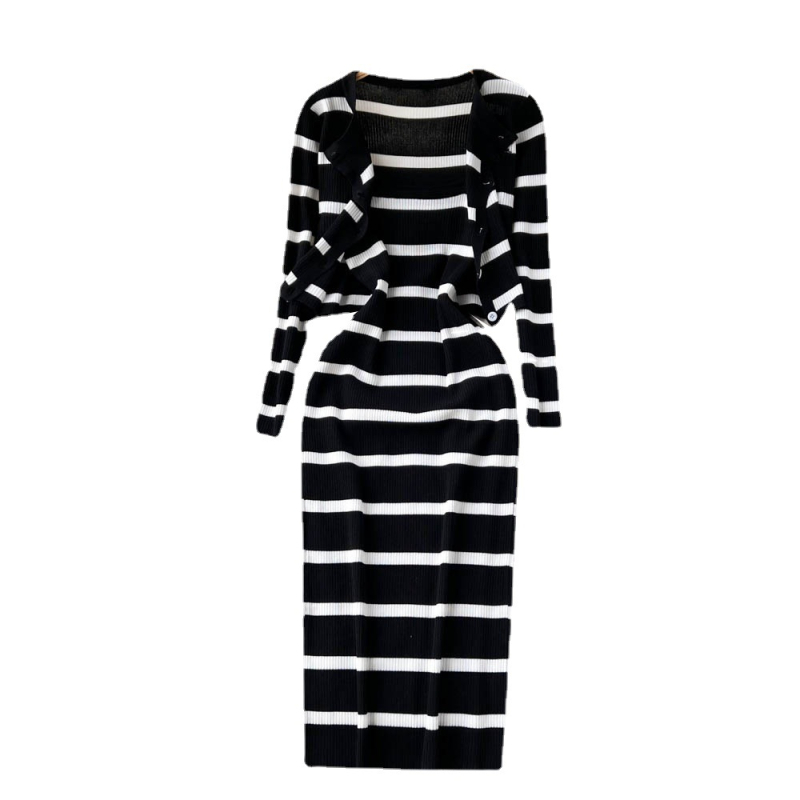 Körte alakú kétrészes kosztüm női őszi hosszú ujjú kötött kardigán csíkos pántos karcsúsított ruha divatos