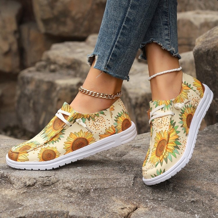 2024 Four Seasons Παπούτσια από καμβά Γυναικεία με Στάμπα Ηλίανθου Πολύχρωμα Ευρωπαϊκά και Αμερικανικά Φλατ Παπούτσια Χονδρικής