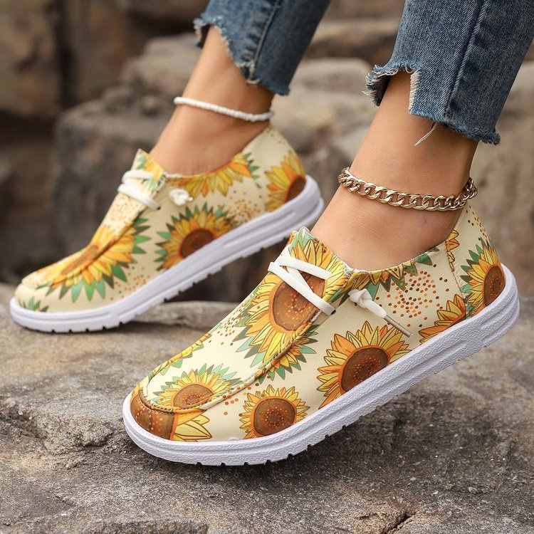 2024 Four Seasons Παπούτσια από καμβά Γυναικεία με Στάμπα Ηλίανθου Πολύχρωμα Ευρωπαϊκά και Αμερικανικά Φλατ Παπούτσια Χονδρικής