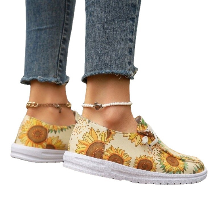 2024 Four Seasons Παπούτσια από καμβά Γυναικεία με Στάμπα Ηλίανθου Πολύχρωμα Ευρωπαϊκά και Αμερικανικά Φλατ Παπούτσια Χονδρικής