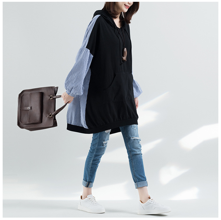 Γυναικείο φούτερ με κουκούλα, ριγέ, patchwork, για μεγάλα μεγέθη, 2025