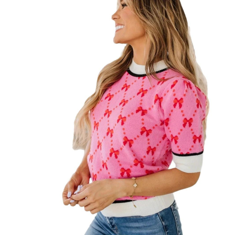 Γυναικείο πουλόβερ Amazon Cross-Border με στρογγυλή λαιμόκοψη και φιόγκο 2025, κομψό και ευέλικτο, ευρωπαϊκό και αμερικανικό στυλ, ανοιξιάτικη νέα άφιξη