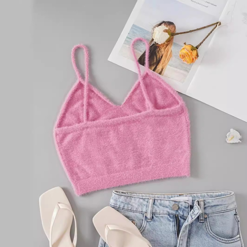 Európai és amerikai határokon átnyúló 2024 új szexi divatos V-nyakú kötött egyszínű mellény nercszőrből karcsúsított köldökpólóval