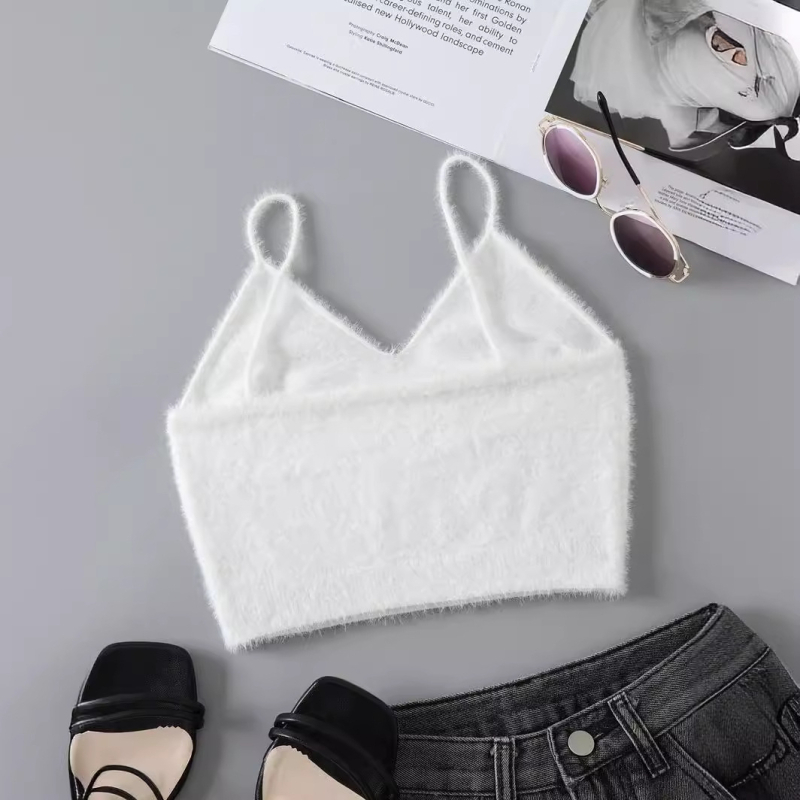 Európai és amerikai határokon átnyúló 2024 új szexi divatos V-nyakú kötött egyszínű mellény nercszőrből karcsúsított köldökpólóval