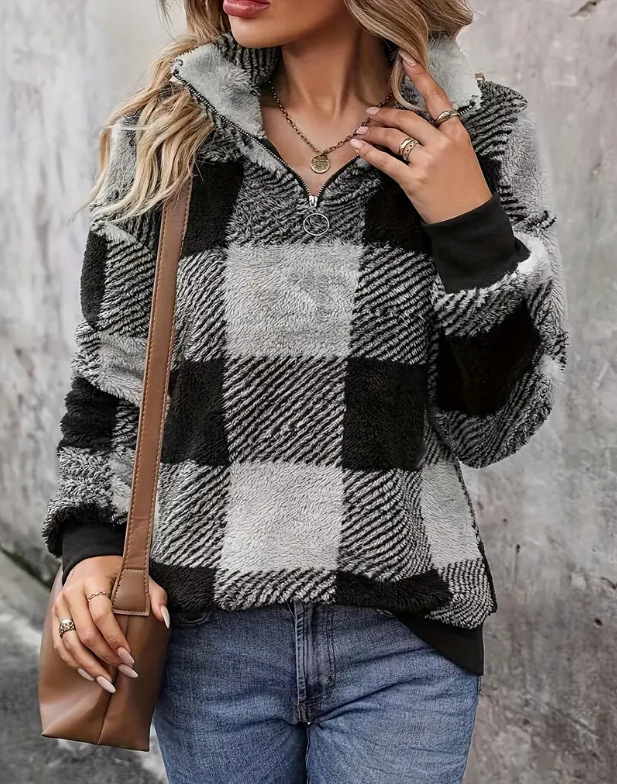 Amazon Cross-Border Foreign Trade Jacket 2024 Φθινόπωρο και Χειμώνας Χαλαρό Καρό Πέτο με Φερμουάρ Πουλόβερ Πλούσιο Πουλόβερ