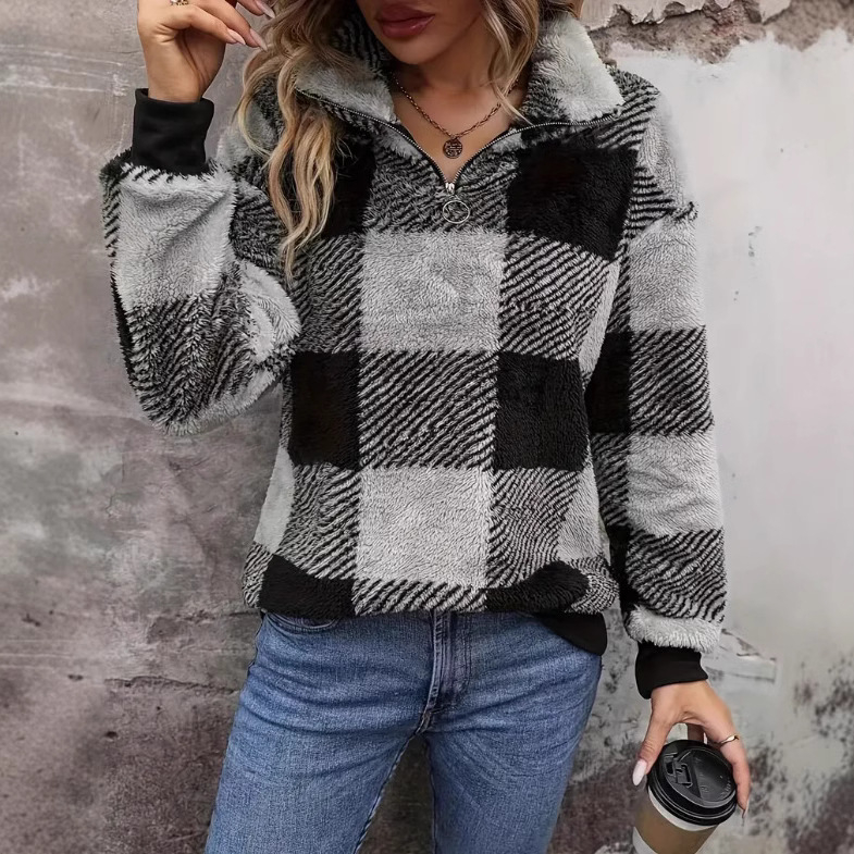 Amazon Cross-Border Foreign Trade Jacket 2024 Φθινόπωρο και Χειμώνας Χαλαρό Καρό Πέτο με Φερμουάρ Πουλόβερ Πλούσιο Πουλόβερ