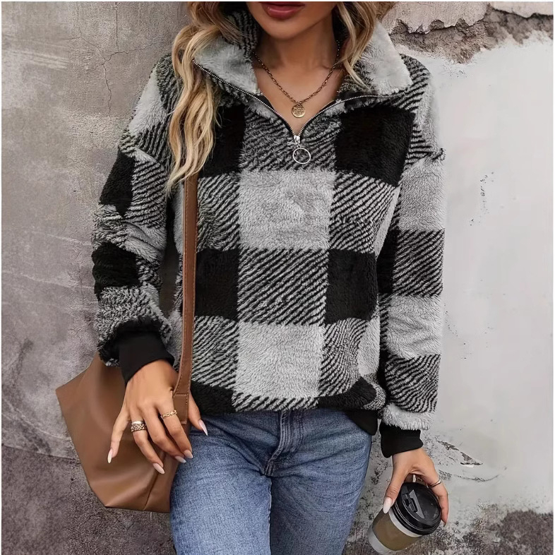 Amazon Cross-Border Foreign Trade Jacket 2024 Φθινόπωρο και Χειμώνας Χαλαρό Καρό Πέτο με Φερμουάρ Πουλόβερ Πλούσιο Πουλόβερ