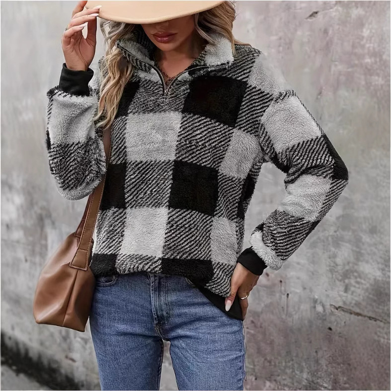 Amazon Cross-Border Foreign Trade Jacket 2024 Φθινόπωρο και Χειμώνας Χαλαρό Καρό Πέτο με Φερμουάρ Πουλόβερ Πλούσιο Πουλόβερ