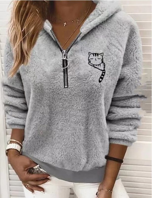 Európai és amerikai Amazon kapucnis, félcipzáras, hímzett, állatos, laza divatos plüss pulóver