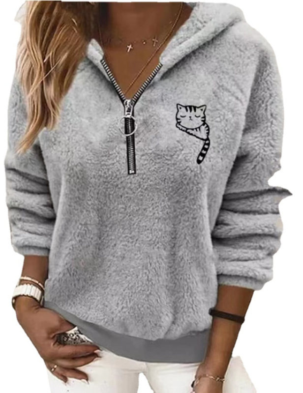 Európai és amerikai Amazon kapucnis, félcipzáras, hímzett, állatos, laza divatos plüss pulóver
