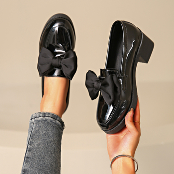 Γυναικεία ψηλοτάκουνα loafers με στρογγυλό κεφάλι και φιόγκο, βρετανικού στιλ, μικρά δερμάτινα παπούτσια με χοντρό τακούνι, άνοιξη και φθινόπωρο 2024, για γυναίκες