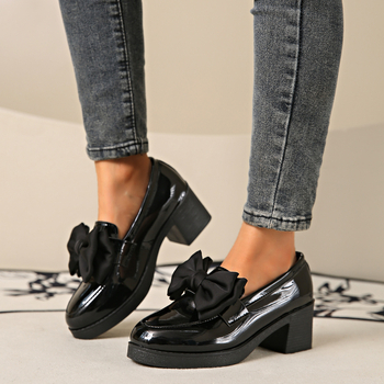 Γυναικεία ψηλοτάκουνα loafers με στρογγυλό κεφάλι και φιόγκο, βρετανικού στιλ, μικρά δερμάτινα παπούτσια με χοντρό τακούνι, άνοιξη και φθινόπωρο 2024, για γυναίκες