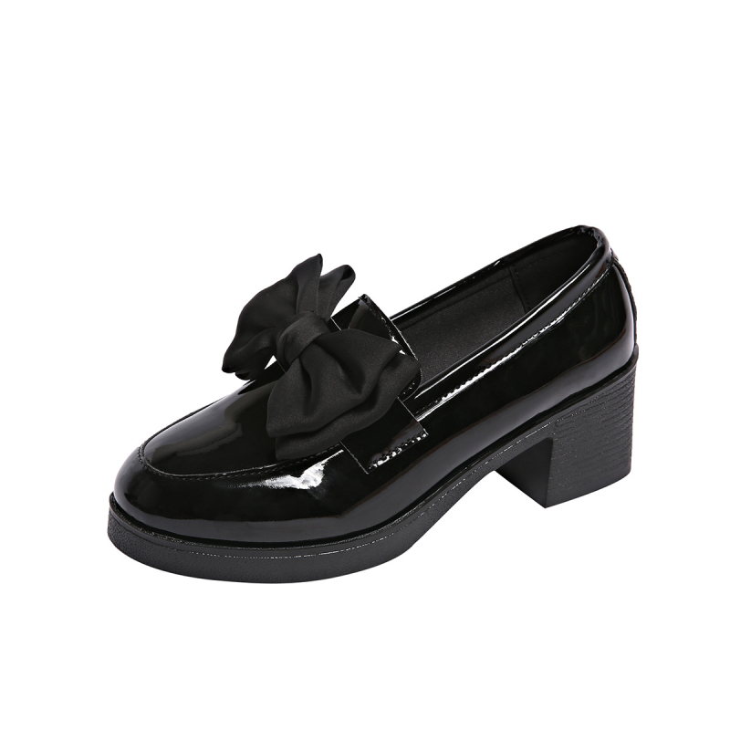 Γυναικεία ψηλοτάκουνα loafers με στρογγυλό κεφάλι και φιόγκο, βρετανικού στιλ, μικρά δερμάτινα παπούτσια με χοντρό τακούνι, άνοιξη και φθινόπωρο 2024, για γυναίκες