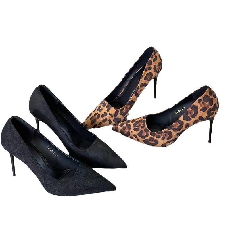 Külkereskedelmi női cipők, leopárdmintás velúr tűsarkú, mélyen dekoltált, hegyes sarkú, 2024 őszi új európai és amerikai egyrétegű cipők, női magas sarkú bankett cipők
