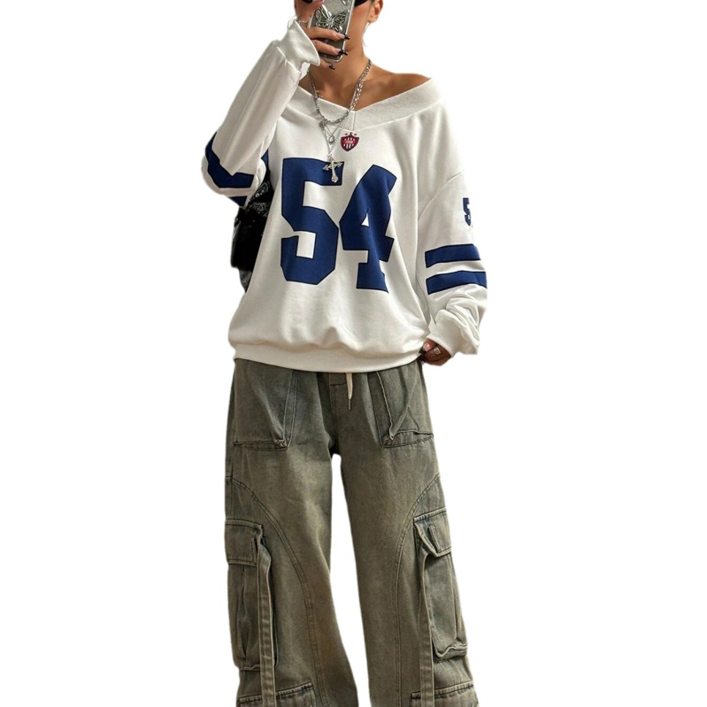 Európai és amerikai határokon átnyúló női ruházat, amerikai utcai személyiség, kontrasztos színű, digitális nyomtatású, V-nyakú, laza, minden mérkőzésre alkalmas pulóver férfiaknak és nőknek