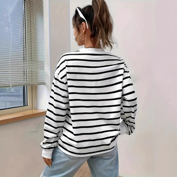 Νέο, απλό, casual, ασπρόμαυρο ριγέ μπλουζάκι με μακριά μανίκια, σε διασυνοριακό στυλ, άνοιξη και φθινόπωρο 2024, με μπουφάν σε ευρωπαϊκό και αμερικανικό στυλ με στρογγυλή λαιμόκοψη -1911