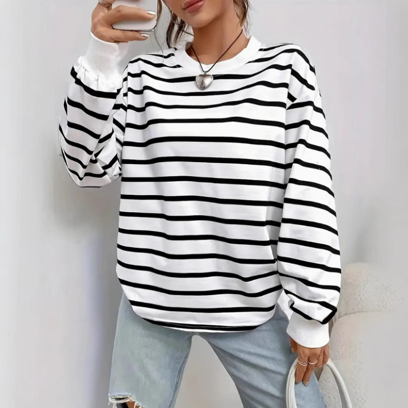 2024. gada pavasara un rudens starpvalstu modes kvalitātē jauns ikdienas vienkāršs melnbalti svītrains garpiedurkņu T-krekls ar Eiropas un Amerikas stila apaļu kakla izgriezumu un jaka - 1911. gads