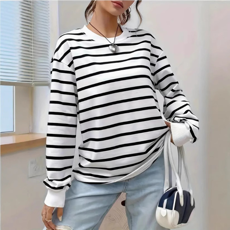 2024. gada pavasara un rudens starpvalstu modes kvalitātē jauns ikdienas vienkāršs melnbalti svītrains garpiedurkņu T-krekls ar Eiropas un Amerikas stila apaļu kakla izgriezumu un jaka - 1911. gads