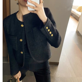 Μάλλινο τουίντ 2025 Φθινόπωρο Κομψό, Γυναικείο Σακάκι σε Ασπρόμαυρο Στυλ με Μεταλλική Αγκράφα και Στυλ Chanel, Γυναικεία Ρούχα