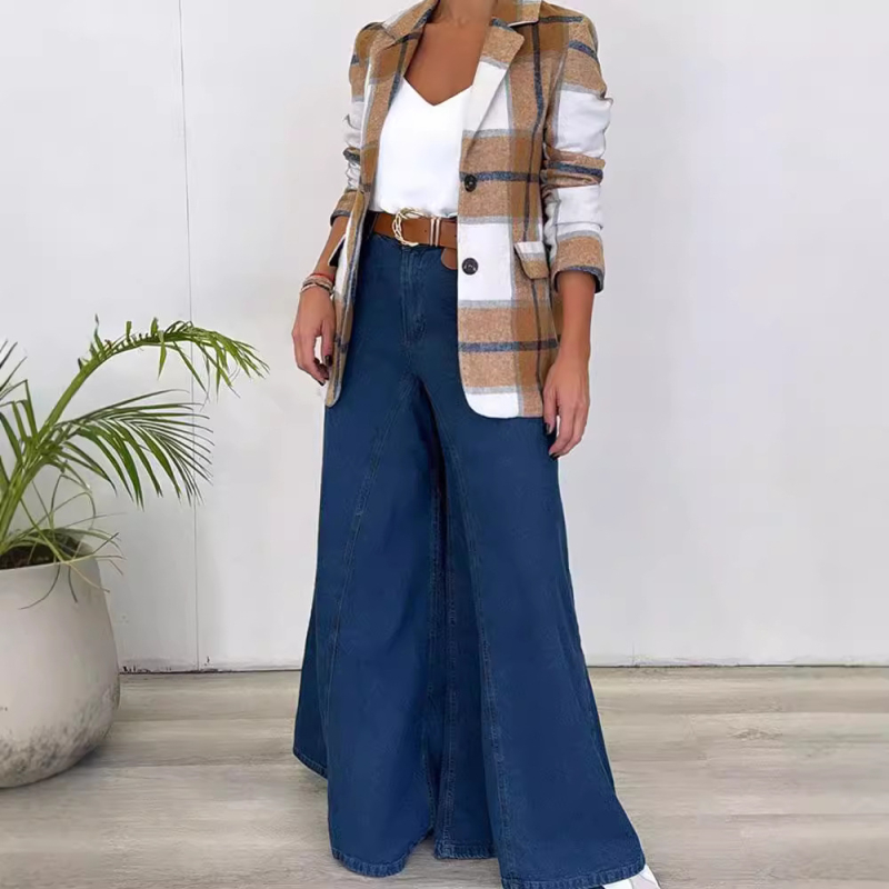 Határokon átnyúló külkereskedelem Európai és amerikai női 2024 őszi és téli divat egyszerű lezser öltönygallér egysoros kockás gyapjúkabát