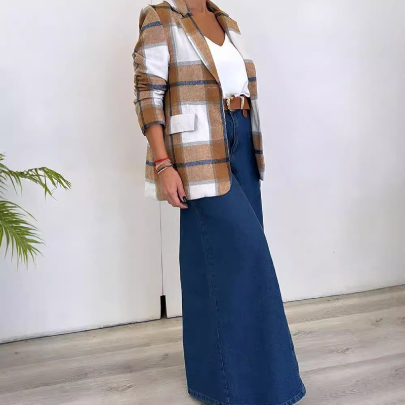 Határokon átnyúló külkereskedelem Európai és amerikai női 2024 őszi és téli divat egyszerű lezser öltönygallér egysoros kockás gyapjúkabát