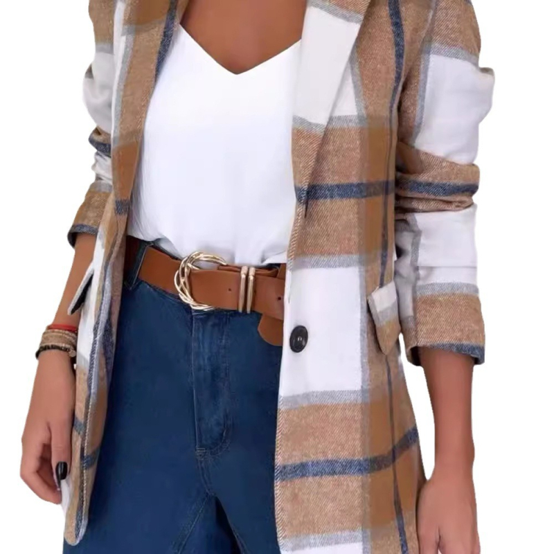 Határokon átnyúló külkereskedelem Európai és amerikai női 2024 őszi és téli divat egyszerű lezser öltönygallér egysoros kockás gyapjúkabát
