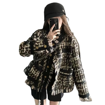 Γυναικείο παλτό σε στυλ Chanel, γαλλικού στιλ, φθινόπωρο 2023, νέο στυλ, υφαντό με φούντα, vintage, κομψό τοπ από τουίντ