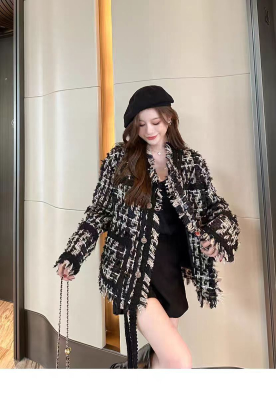 Γυναικείο παλτό σε στυλ Chanel, γαλλικού στιλ, φθινόπωρο 2023, νέο στυλ, υφαντό με φούντα, vintage, κομψό τοπ από τουίντ