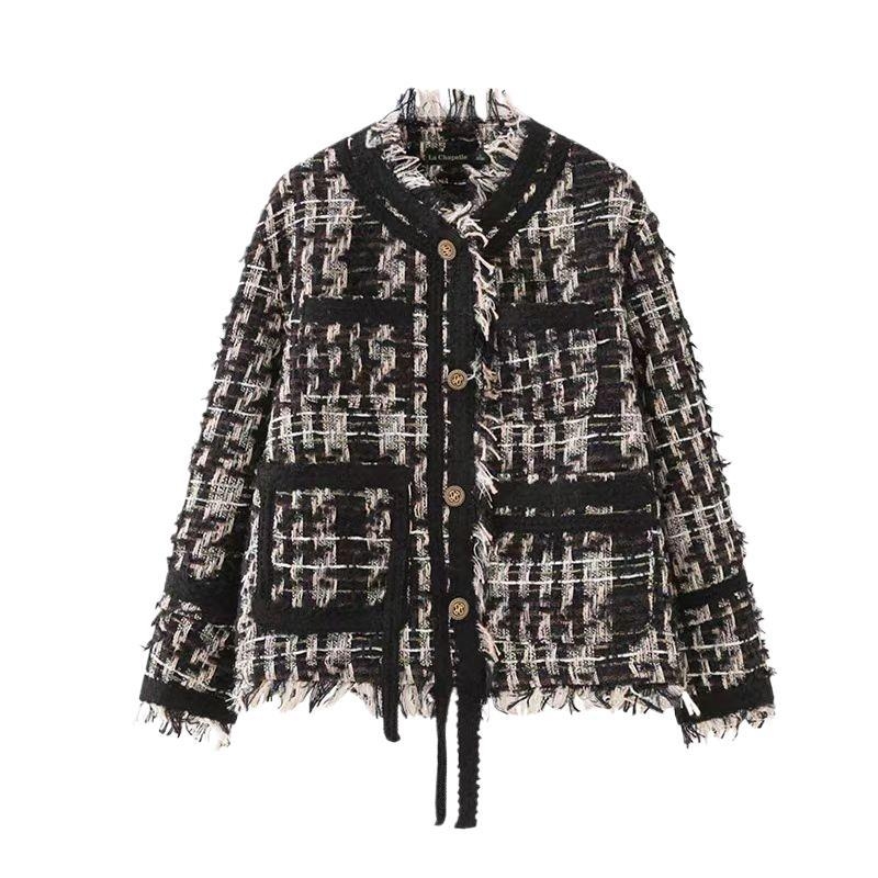 Γυναικείο παλτό σε στυλ Chanel, γαλλικού στιλ, φθινόπωρο 2023, νέο στυλ, υφαντό με φούντα, vintage, κομψό τοπ από τουίντ