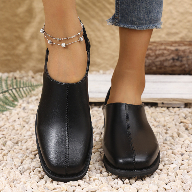 2025 Tavaszi és őszi új brit stílusú retró egyszínű kis bőrcipők szögletes orrú bebújós dupla viseletű szögletes sarok alacsony sarkú női egyrétegű cipők