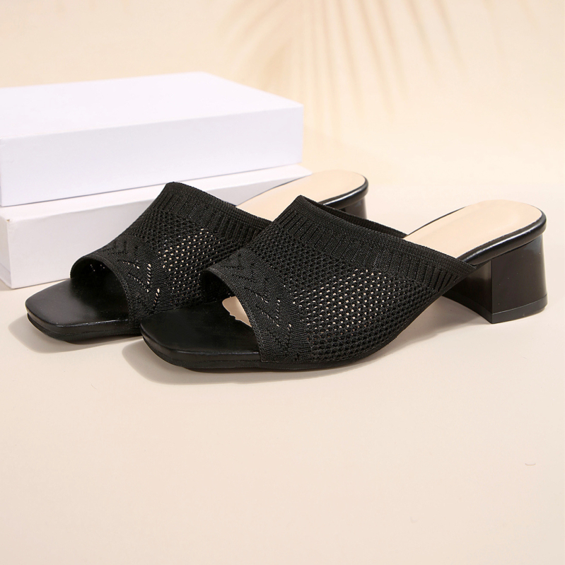 2025 m. vasaros naujos, plius dydžio, austos, aukštakulnės basutės ir megztos šlepetės su storu kulnu, europietiškos ir amerikietiškos mados moteriškos basutės, šlepetės