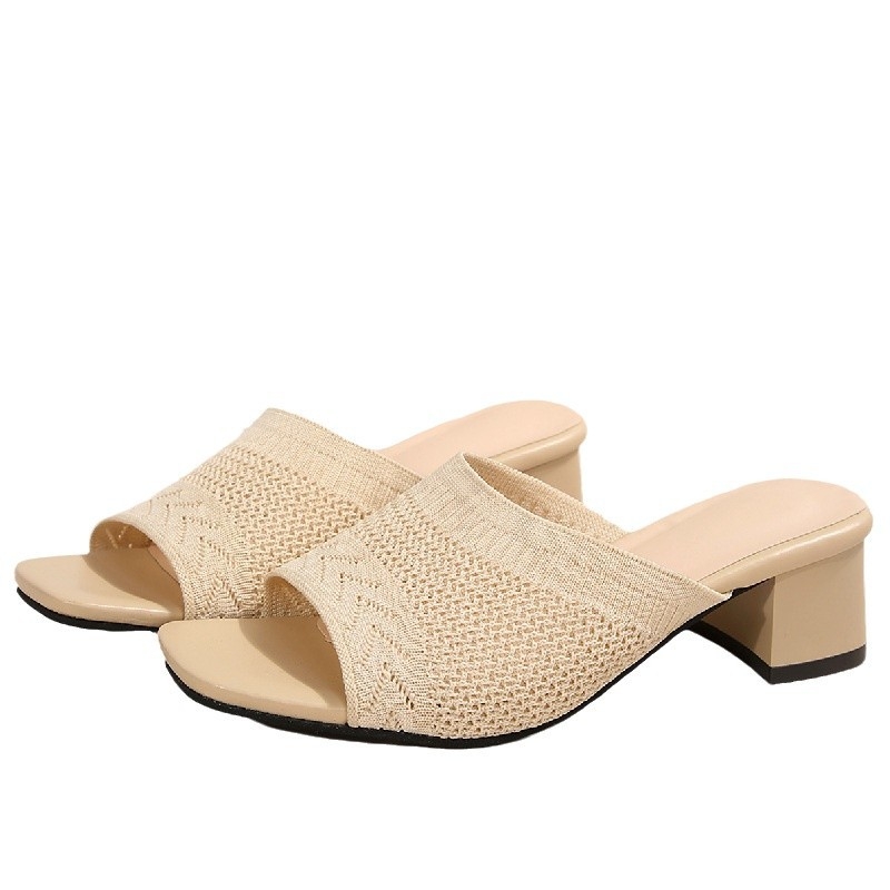 2025 m. vasaros naujos, plius dydžio, austos, aukštakulnės basutės ir megztos šlepetės su storu kulnu, europietiškos ir amerikietiškos mados moteriškos basutės, šlepetės