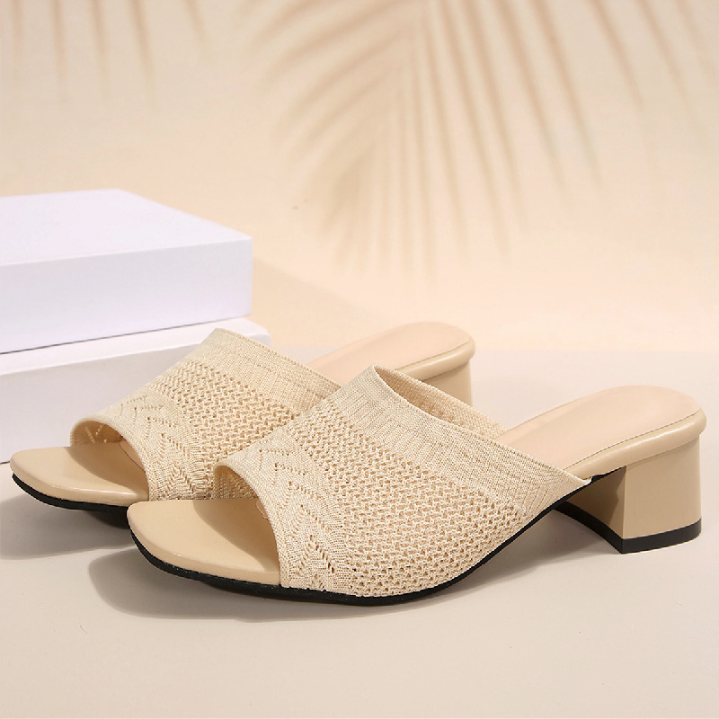 2025 m. vasaros naujos, plius dydžio, austos, aukštakulnės basutės ir megztos šlepetės su storu kulnu, europietiškos ir amerikietiškos mados moteriškos basutės, šlepetės