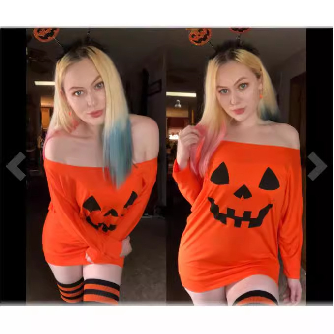 Halloween európai és amerikai határokon átnyúló tök mosolygós női felső, laza szexi hosszú ujjú, nagy kerek nyakú, középhosszú ing