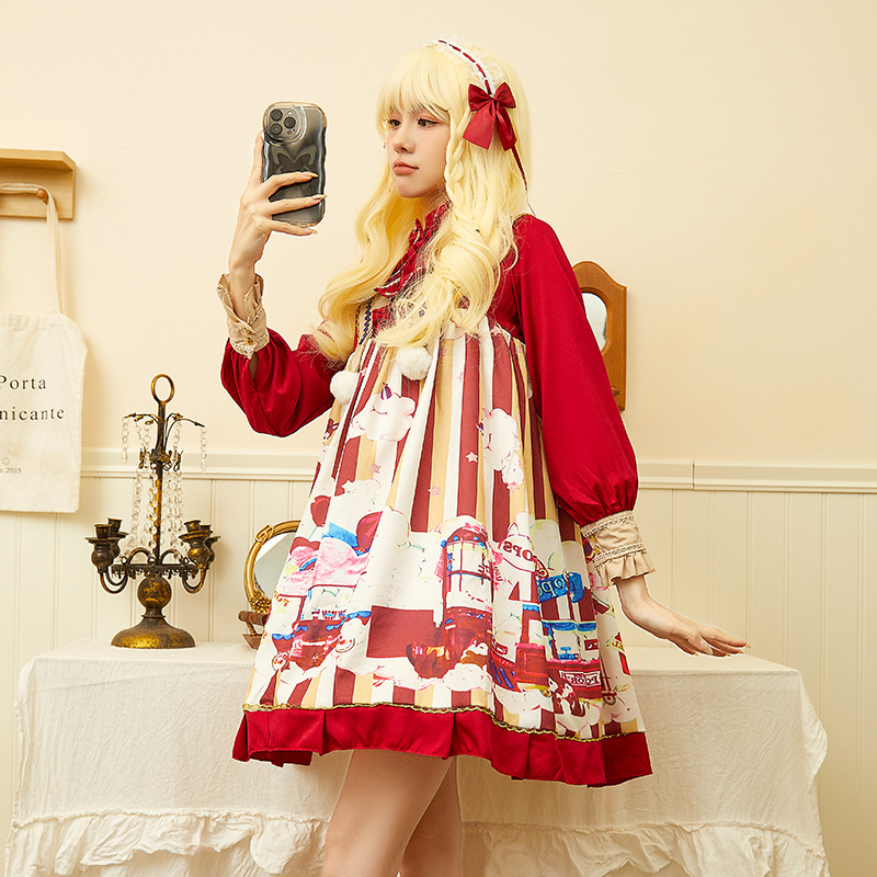 Φόρεμα Λολίτα Πρωτοχρονιάς Popcorn Χαριτωμένο φόρεμα Λολίτα με μακριά μανίκια Χριστούγεννα Πρωτοχρονιά Τέσσερις Εποχές