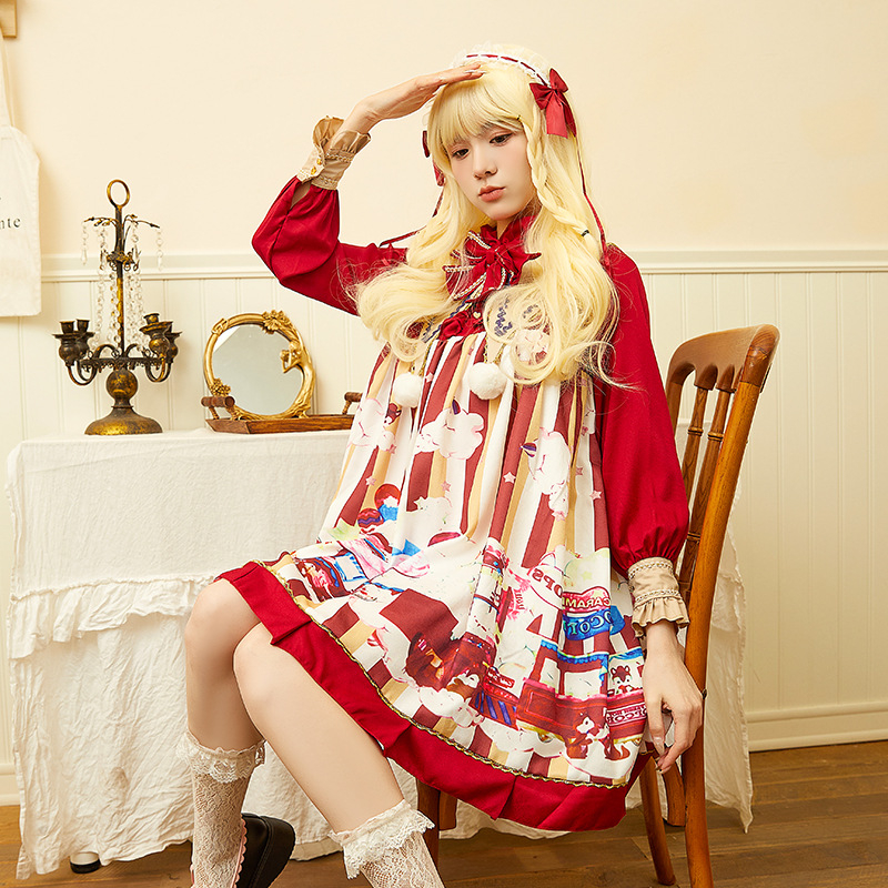 Φόρεμα Λολίτα Πρωτοχρονιάς Popcorn Χαριτωμένο φόρεμα Λολίτα με μακριά μανίκια Χριστούγεννα Πρωτοχρονιά Τέσσερις Εποχές