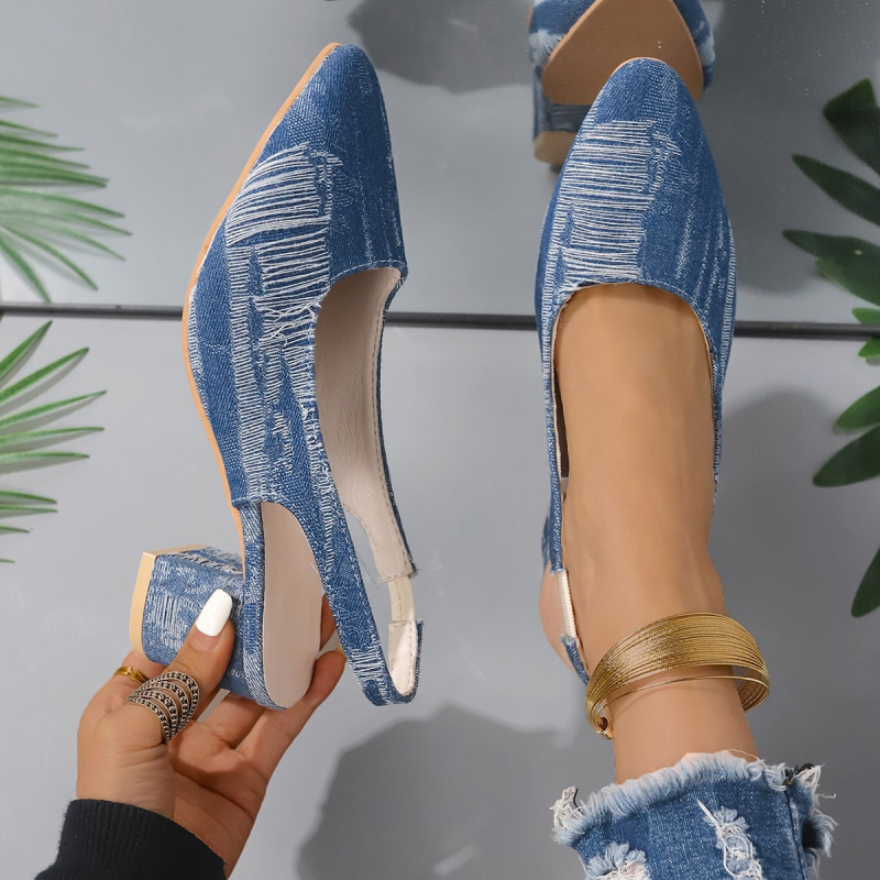 Γυναικεία ψηλοτάκουνα σανδάλια 2024 με νέα τζιν ψηλοτάκουνα, μυτερά σανδάλια με ρηχό χοντρό τακούνι και μεγάλα μεγέθη