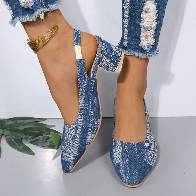 Γυναικεία ψηλοτάκουνα σανδάλια 2024 με νέα τζιν ψηλοτάκουνα, μυτερά σανδάλια με ρηχό χοντρό τακούνι και μεγάλα μεγέθη