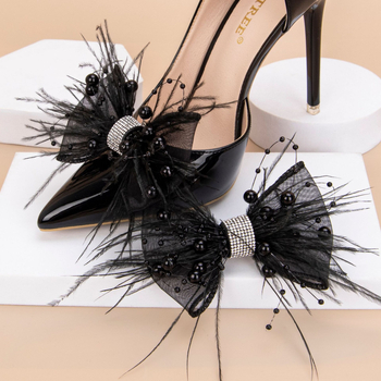 1 τεμάχιο φιόγκο από μονόχρωμο πλέγμα από αεροδυναμικό φτερό με στοίβες χάντρες και κλιπ παπουτσιού με σχέδιο στρας και λουλούδι παπουτσιού