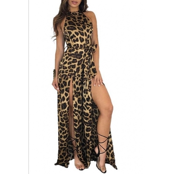 Eiropas stacijas Eiropas un Amerikas ielu modes Aliexpress vēlas seksīgu vasaras leoparda apdrukas bezpiedurkņu kombinezonu ar garām spraugām un mežģīnēm.