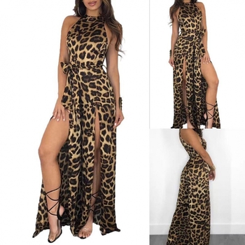 Eiropas stacijas Eiropas un Amerikas ielu modes Aliexpress vēlas seksīgu vasaras leoparda apdrukas bezpiedurkņu kombinezonu ar garām spraugām un mežģīnēm.
