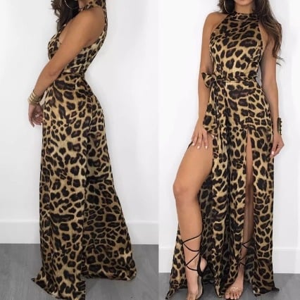 Eiropas stacijas Eiropas un Amerikas ielu modes Aliexpress vēlas seksīgu vasaras leoparda apdrukas bezpiedurkņu kombinezonu ar garām spraugām un mežģīnēm.