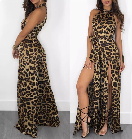 Eiropas stacijas Eiropas un Amerikas ielu modes Aliexpress vēlas seksīgu vasaras leoparda apdrukas bezpiedurkņu kombinezonu ar garām spraugām un mežģīnēm.