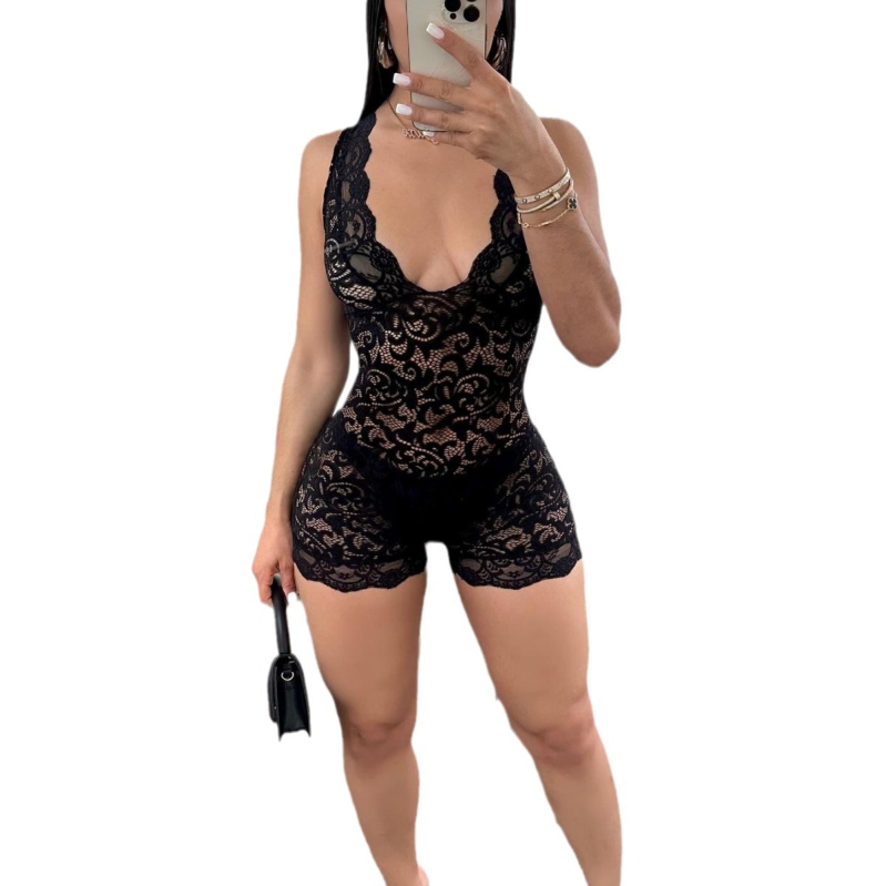 2025 Nove čipkaste uske bez rukava, vruće djevojke, seksi V-izrez, šuplje, uskog kroja za žene, ljetne crne kratke hlače