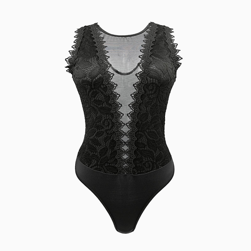 Európai és amerikai Amazon határokon átnyúló ellátás csipke hálós varrás V-nyakú perspektíva karcsú szexi női overál raktáron