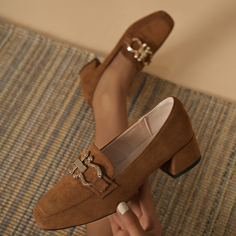 Νέα Άνοιξη και Φθινόπωρο, Ψηλοτάκουνα Μοκασίνια με Τετράγωνη Μύτη και Λουστρίνι, Γυναικεία Μοκασίνια με Χοντρό Τακούνι και Τετράγωνη Τακούνι, Μικρά Δερμάτινα Παπούτσια, Μεσαίο Τακούνι, Μονά Παπούτσια